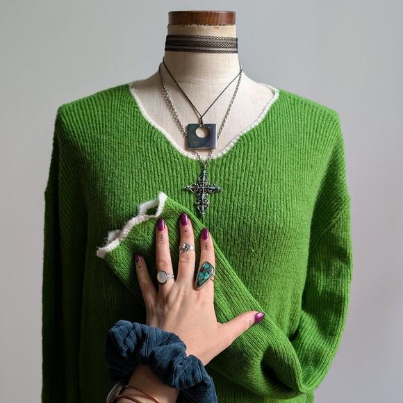 Vintage Green Chunky Knit Light Sweater Grunge Slouchy Cottagecore Woodsy Top L - Picture 4 of 9